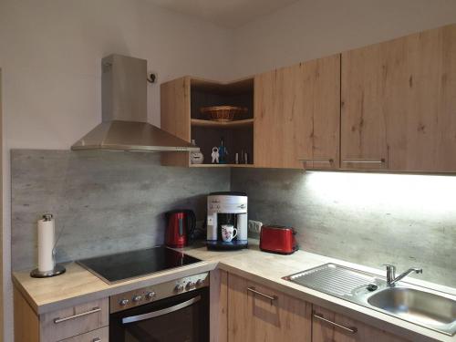 a kitchen with a sink and a counter top at Fuchsbaude in Allrode