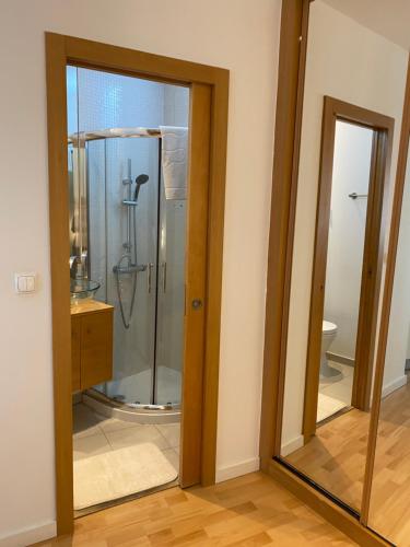 a bathroom with a shower and a mirror at Apartment Beco das Farinhas in Lisbon