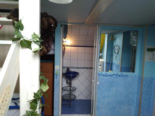 La petite salle de bains est pourvue d'une douche et d'un lavabo. dans l'établissement Chambres d'hôtes du Port aux Cerises, à Vigneux-sur-Seine