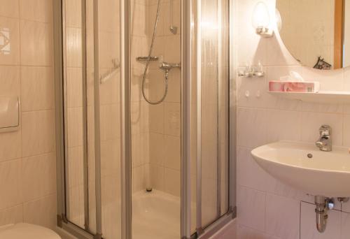 ein Bad mit einer Dusche und einem Waschbecken in der Unterkunft Hotel zur Post in Wurzen in Wurzen