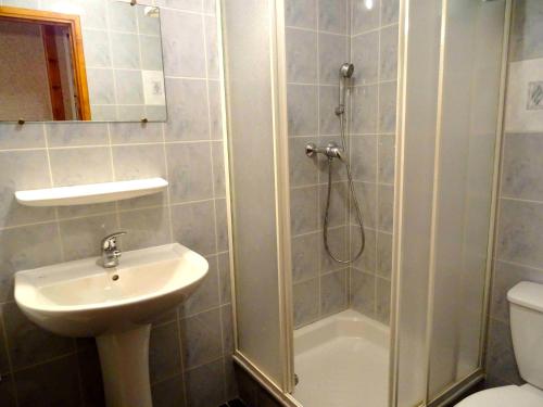 une salle de bain avec une douche, un lavabo et des toilettes dans l'établissement L'Edelweiss, à La Chapelle-en-Valgodemard