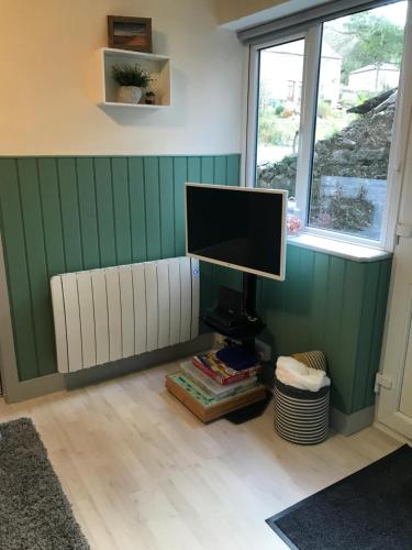 a computer monitor sitting on a stand next to a window at Apartment/Flat 3 in Menai Bridge