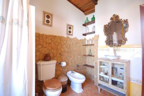 La salle de bains est pourvue de toilettes, d'un lavabo et d'un miroir. dans l'établissement Casa Verodes, à Teror