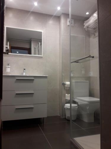 y baño con aseo, lavabo y espejo. en Apartamento céntrico catedral Burgos, en Burgos
