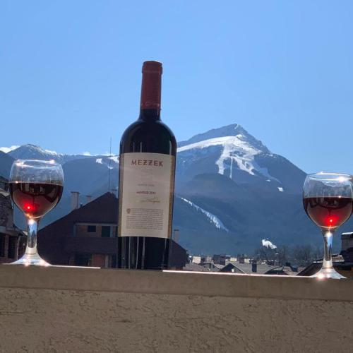 a bottle of wine and two glasses on a ledge at Dolomiti Apartments in Bansko