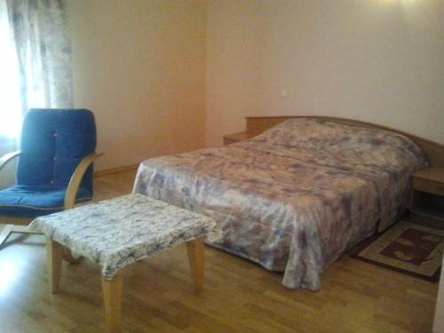 a bedroom with a bed and a blue chair at Žemyn upe in Kaunas