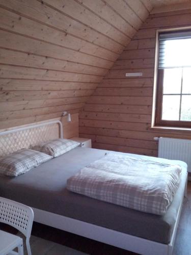 a bed in a wooden room with a window at Cozy House Mētriņi in Ķekava