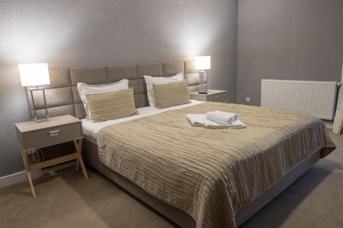 a bedroom with a large bed with two lamps at Hotel Roberto Slanic Prahova in Slănic