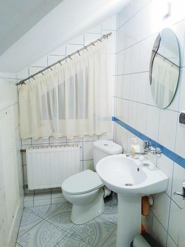 a white bathroom with a toilet and a sink at Gospodarstwo Agroturystyczne Anielin in Okonek