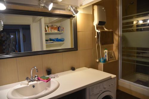 ein Bad mit einem Waschbecken, einem Spiegel und einer Dusche in der Unterkunft Pied à terre au bord de mer in Sète