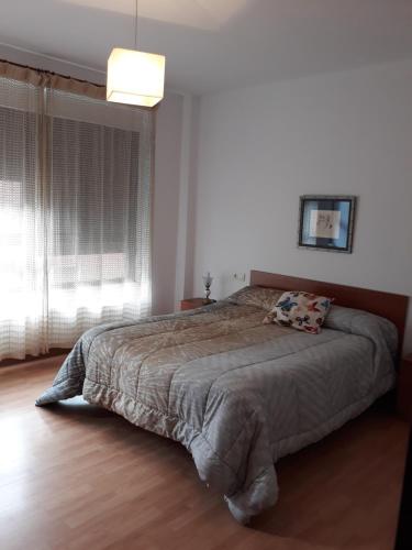 um quarto com uma cama e uma grande janela em Apartamento Parque de Quevedo em León