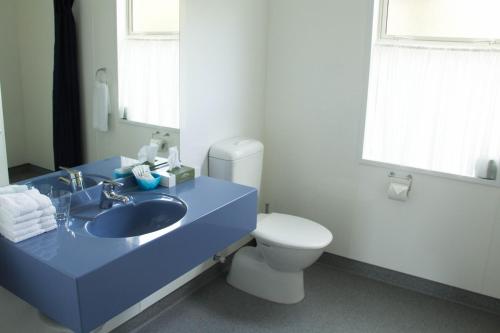 a bathroom with a blue sink and a toilet at The Bay Motel in Half-moon Bay