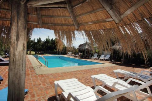 einen Pool mit weißen Stühlen und einem Strohschirm in der Unterkunft Ron Apartamentos Duplex in La Paloma
