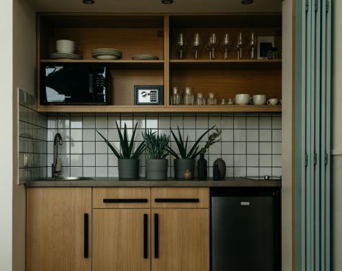 a kitchen with wooden cabinets and potted plants at Gellerico Apartments Deák Square in Budapest