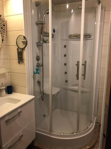 a shower with a glass door in a bathroom at ardoises et agapanthes in Pleslin-Trigavou
