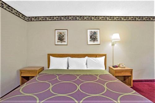 Habitación de hotel con cama con alfombra morada en Super Inn Williamsburg en Williamsburg