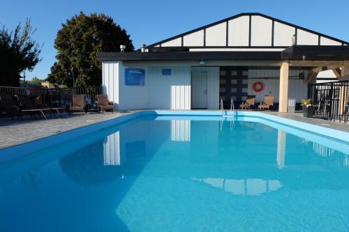 a swimming pool in front of a building at Oasis Inn in Kelowna