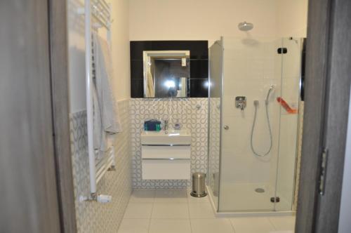 a bathroom with a shower and a sink at Apartament LAZUROWY Pięć Mórz - Sianożęty in Sianozety