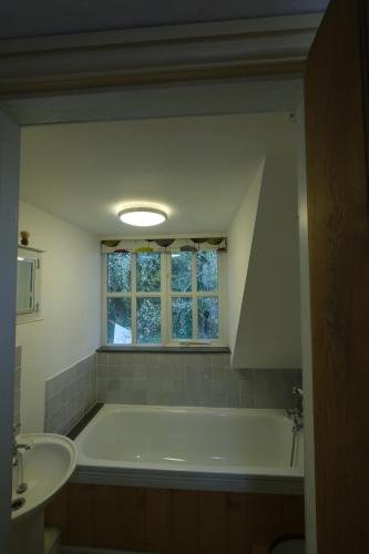 Eardisley的住宿－Chestnut Cottage，带浴缸、水槽和窗户的浴室