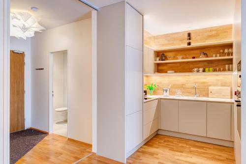 uma cozinha com armários brancos e um lavatório em Apartman Medvědín 307 em Spindleruv Mlyn