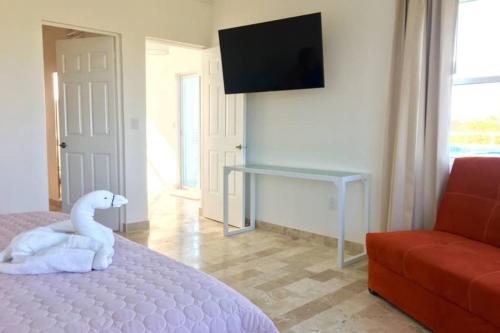 Televisyen dan/atau pusat hiburan di Private Villa with Pool 10 min from Puerto Morelos Beach