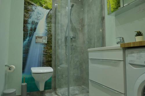 een badkamer met een douche en een toilet. bij Apartament Soft 16 in Biała Podlaska