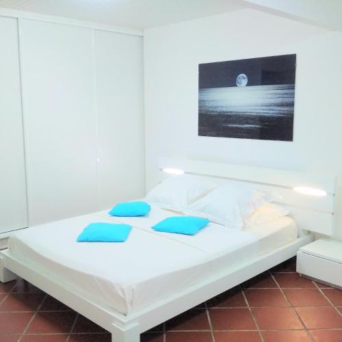 a white bed with blue pillows in a room at Nature Paradise Pool & Spa - Exceptional Secluded Luxury Location in Le Diamant