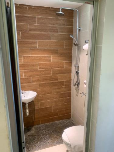 La salle de bains est pourvue d'une douche, de toilettes et d'un lavabo. dans l'établissement De Palma Resort Kuala Selangor, à Kuala Selangor