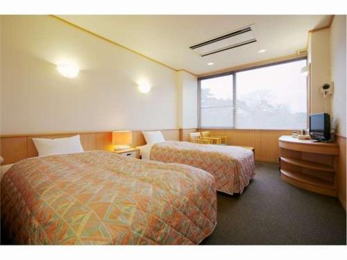 下関市にある関門の宿源平荘のベッド2台とテレビが備わるホテルルームです。
