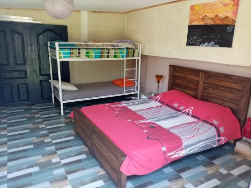 a bedroom with a bed and a bunk bed at Ti case en l'air in Cilaos