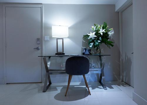 a white chair in a room with a plant in the corner at Hotel Harrison in Miami Beach