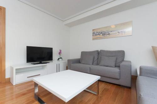 sala de estar con sofá y TV en Ulia Apartments- Garden Boutique, en San Sebastián
