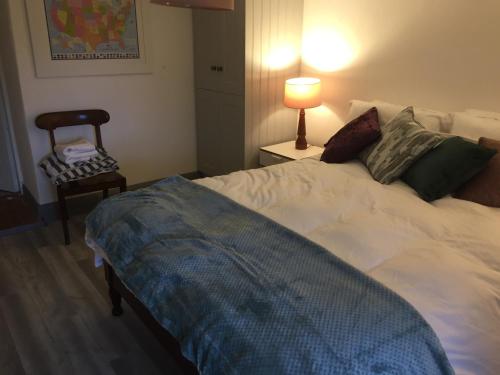 a bedroom with a bed with a lamp and a chair at Bridge Cottage in Cork