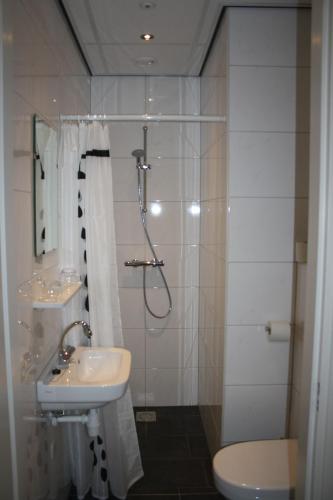a bathroom with a shower and a sink and a toilet at Hotel Café Restaurant Snackbar Beerzerveld in Beerzerveld