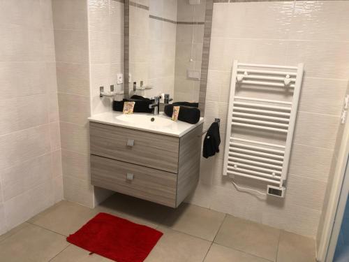 une salle de bain avec un lavabo et un miroir dans l'établissement Vacances à Nice Terrasse ensoleillée & Parking à la Gare du Sud, à Nice