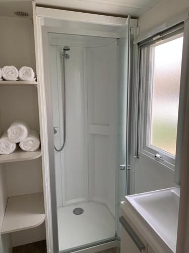 a shower with a glass door in a bathroom at Villa Granja Sol in São Félix da Marinha