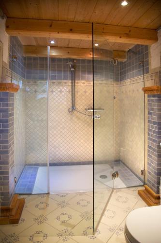 a shower with a glass door in a bathroom at Landgasthof Zum Alten Reichenbach in Nesselwang