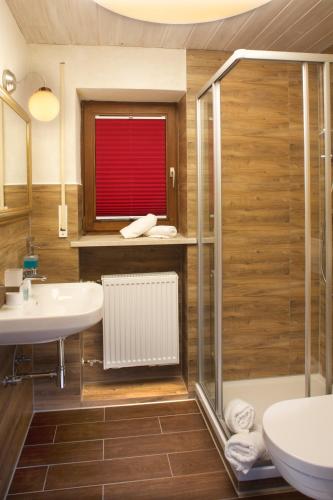 a bathroom with a shower and a sink at Landgasthof Zum Alten Reichenbach in Nesselwang