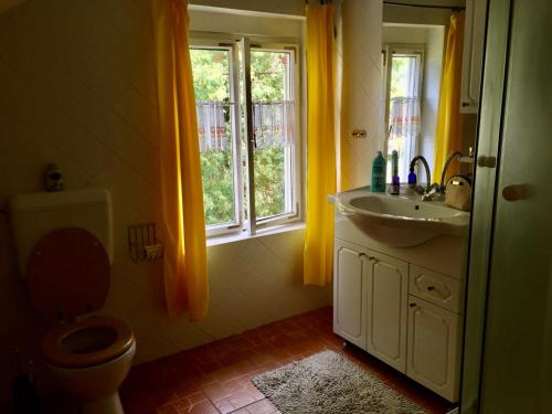 La salle de bains est pourvue de toilettes, d'un lavabo et d'une fenêtre. dans l'établissement Nelli Vendégház, à Gyenesdiás