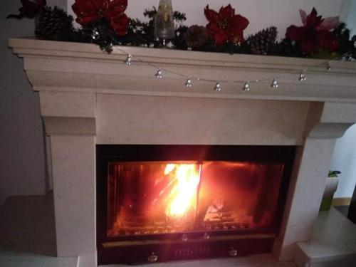 a fireplace with a fire in it in a living room at B&B Tufaro Alberico in Terranova di Pollino