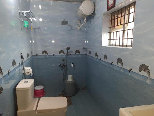 a bathroom with a toilet and some birds on the wall at Srinikethana Home Stay with Swimming Pool in Madikeri