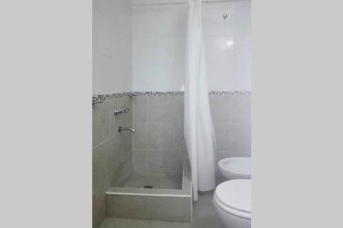 y baño con aseo, ducha y lavamanos. en Confortable 2 ambientes, excelente ubicación en Miramar
