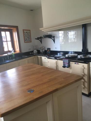 une cuisine avec un comptoir en bois dans une pièce dans l'établissement Farmhouse in a working winery with vineyard views, à Marigny-Brizay