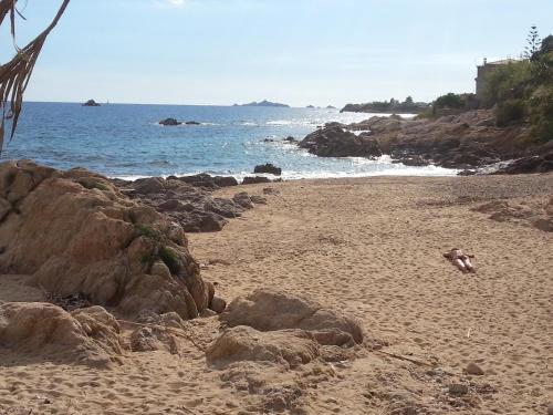 a person laying on a sandy beach near the ocean at F2 Le Lavezzi in Ajaccio