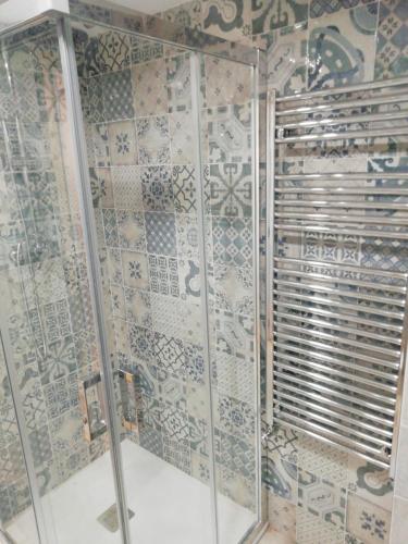 ducha con puerta de cristal y pared de azulejos en Apartamento Turístico Santiago en Logroño