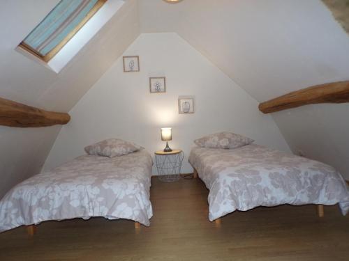 two beds in a attic room with a window at Gite La Méluzine in Magny