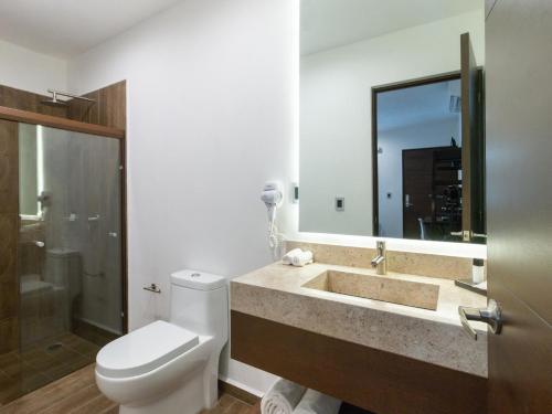 a bathroom with a sink and a toilet and a mirror at Fraga Hotel Boutique in Irapuato