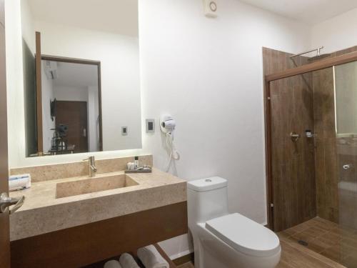 a bathroom with a toilet and a sink and a shower at Fraga Hotel Boutique in Irapuato