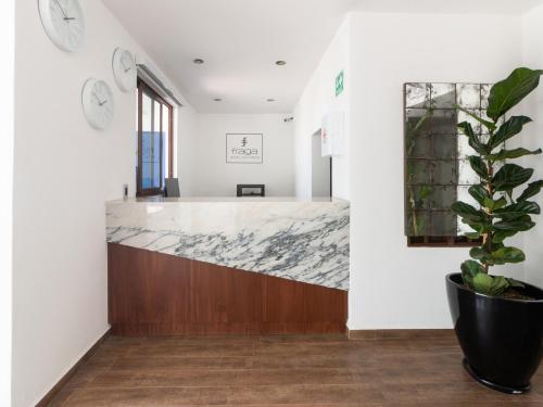a lobby with a marble counter and a potted plant at Fraga Hotel Boutique in Irapuato