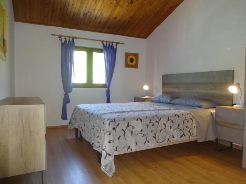 - une chambre avec un lit et une fenêtre avec des rideaux bleus dans l'établissement Holiday appartment, à Žuljana